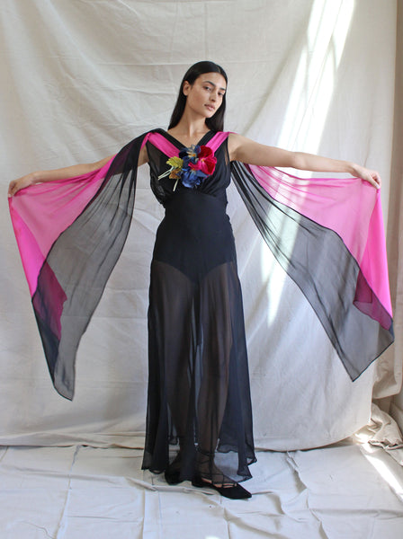 30s Silk Chiffon Color Block Gown