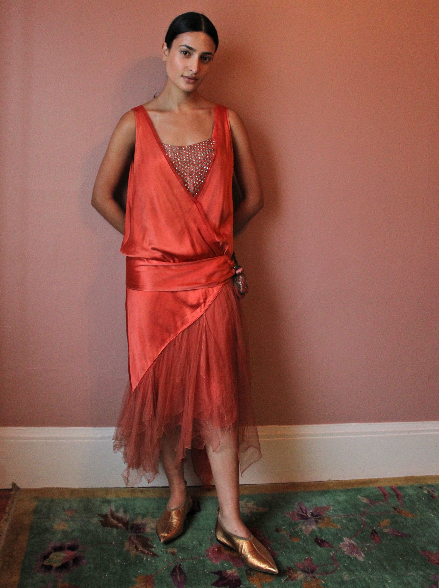 20s Silk & Tulle Rhinestone Embellished Dress  Here Studio