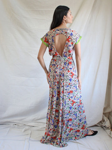 30s Silk Floral Gown w Cut-Out