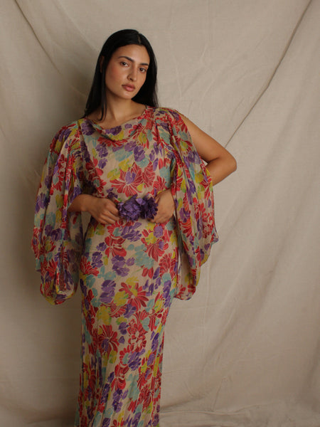 30s Silk Chiffon Floral Gown