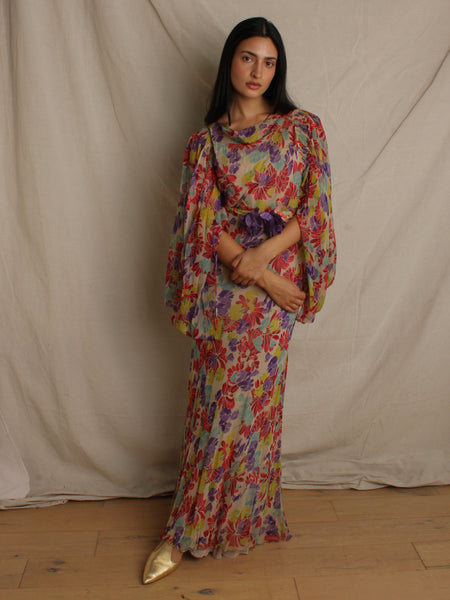 30s Silk Chiffon Floral Gown