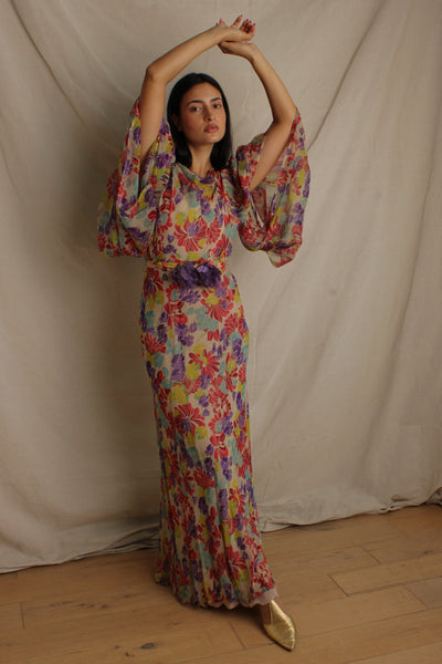 30s Silk Chiffon Floral Gown