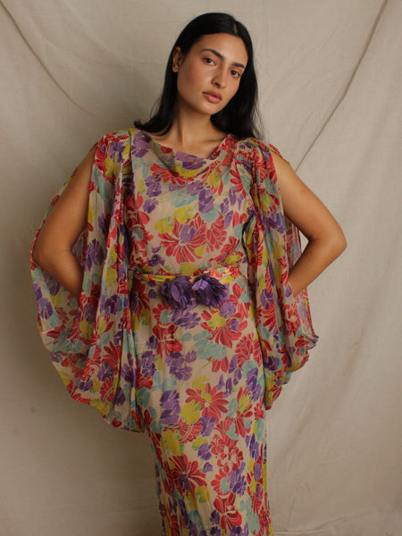 30s Silk Chiffon Floral Gown