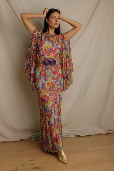 30s Silk Chiffon Floral Gown