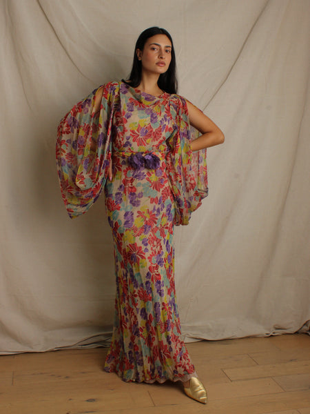 30s Silk Chiffon Floral Gown