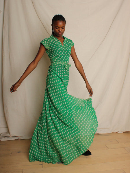 40s FOGA Silk Chiffon Dress w Detachable Train