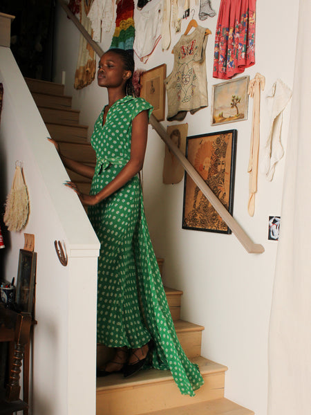 40s FOGA Silk Chiffon Dress w Detachable Train