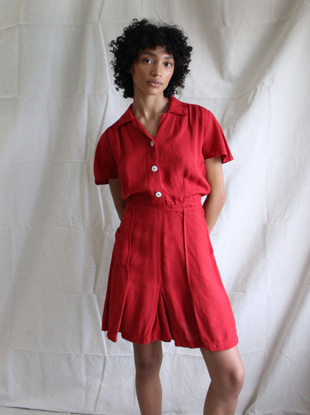 40s Red Linen Playsuit