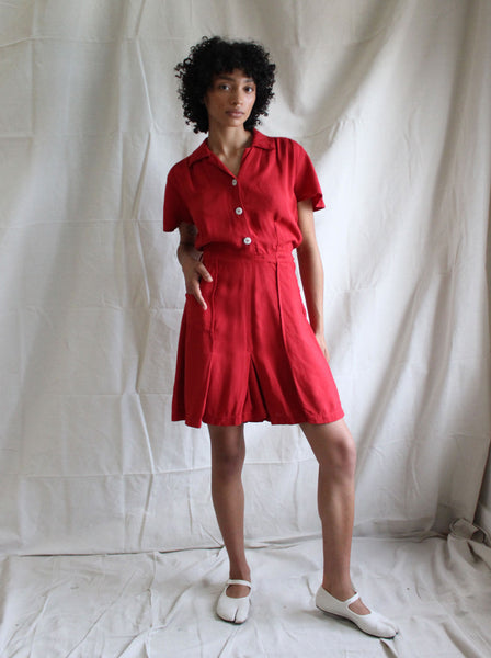 40s Red Linen Playsuit
