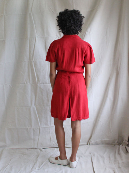 40s Red Linen Playsuit
