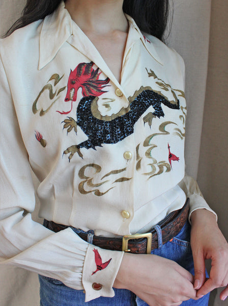 40s Silk Hand Painted Dragon Top
