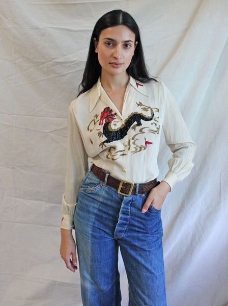 40s Silk Hand Painted Dragon Top