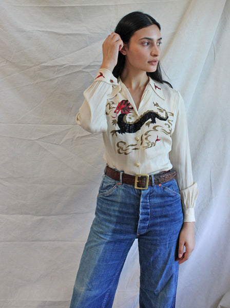 40s Silk Hand Painted Dragon Top