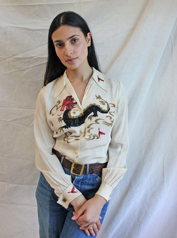 40s Silk Hand Painted Dragon Top