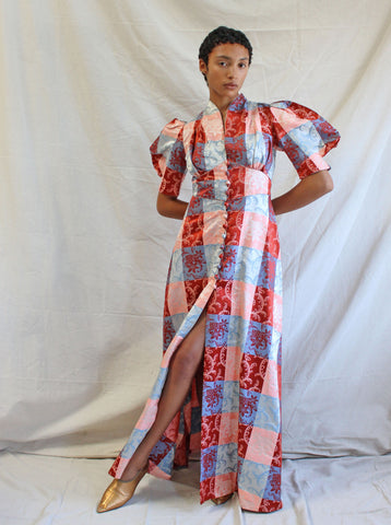 30s Satin Jacquard Lantern Sleeve Gown