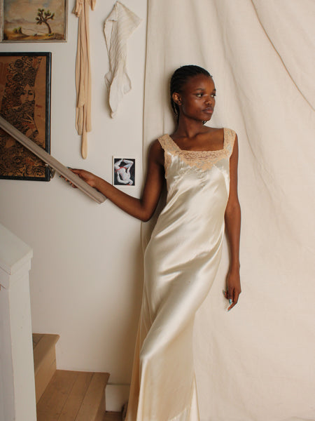 30s Lace Trim Silk Charmeuse Gown