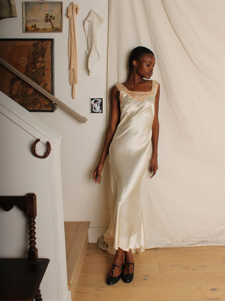 30s Lace Trim Silk Charmeuse Gown