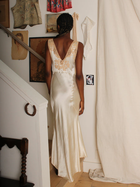 30s Lace Trim Silk Charmeuse Gown