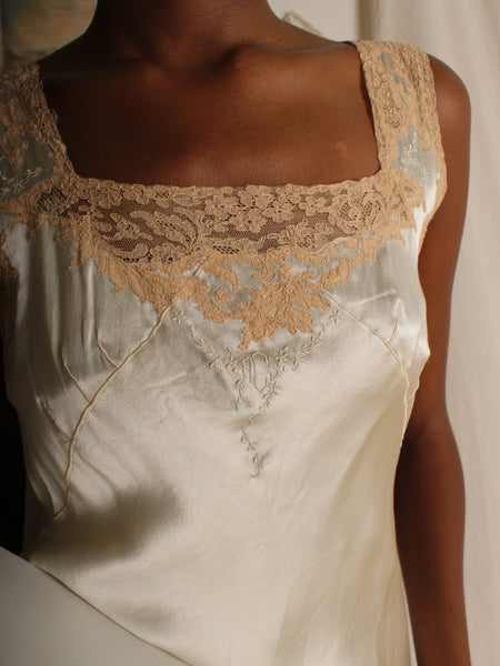 30s Lace Trim Silk Charmeuse Gown