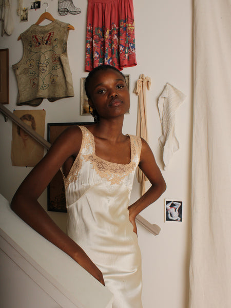 30s Lace Trim Silk Charmeuse Gown