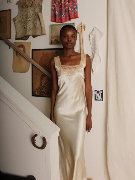30s Lace Trim Silk Charmeuse Gown