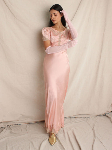 30s Silk Puff Sleeve Slip Dress