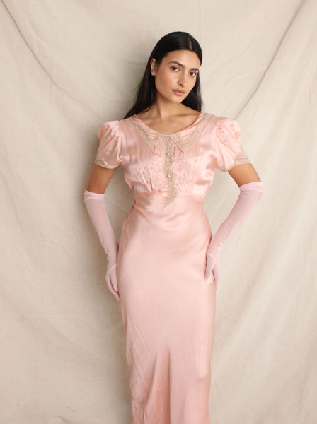 30s Silk Puff Sleeve Slip Dress
