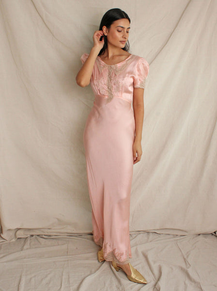 30s Silk Puff Sleeve Slip Dress