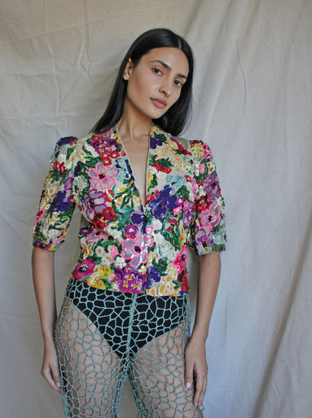 40s Sequin Floral Zip Up Top