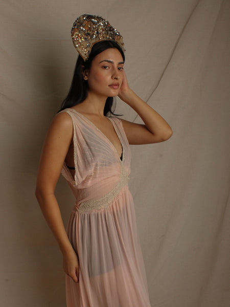 30s Pleated Silk Crepe Chiffon Dress