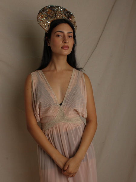 30s Pleated Silk Crepe Chiffon Dress