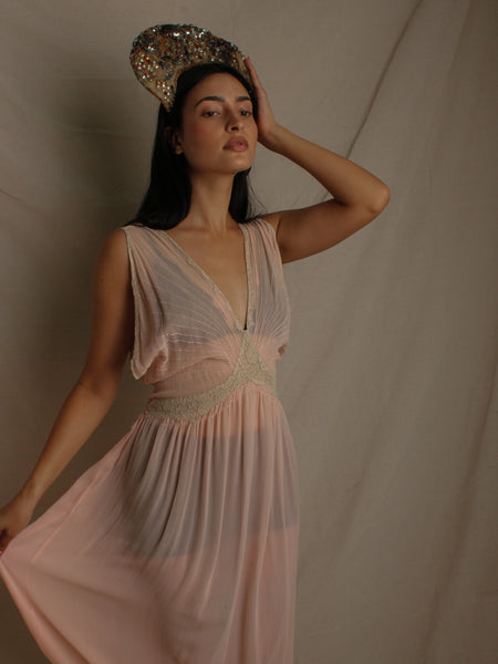 30s Pleated Silk Crepe Chiffon Dress