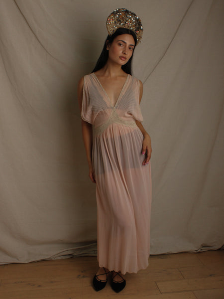 30s Pleated Silk Crepe Chiffon Dress