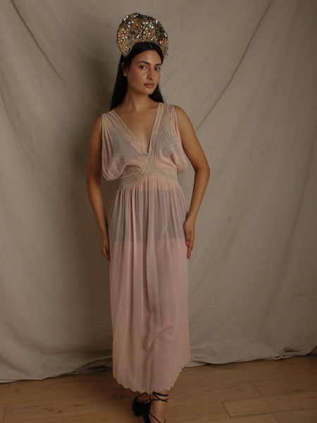 30s Pleated Silk Crepe Chiffon Dress