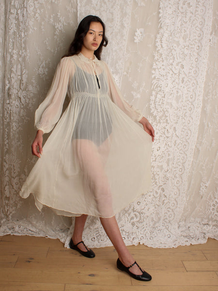 30s Smocked Crepe Chiffon Dress