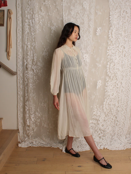 30s Smocked Crepe Chiffon Dress