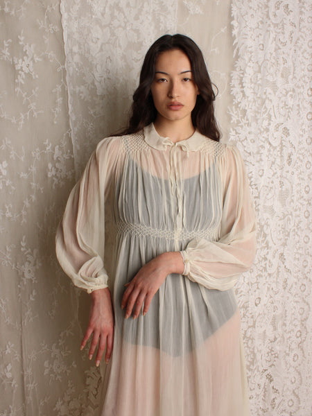 30s Smocked Crepe Chiffon Dress