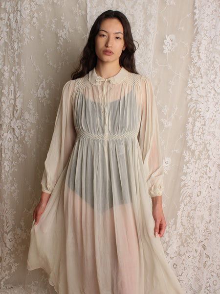 30s Smocked Crepe Chiffon Dress