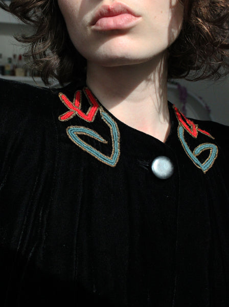 40s Embroidered Silk Velvet Coat