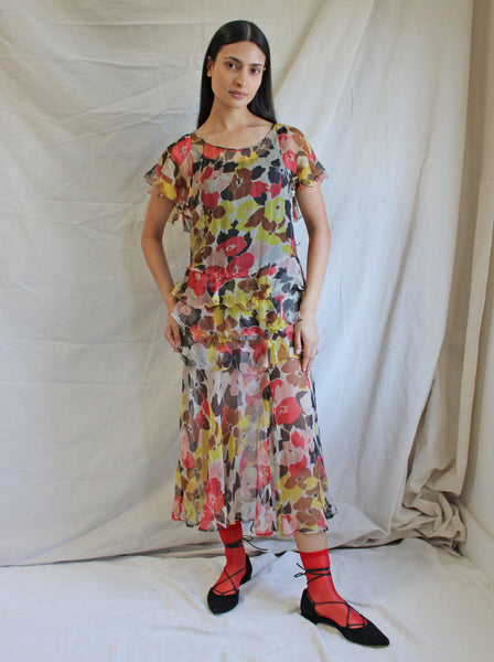 30s Ruffled Silk Chiffon Dress
