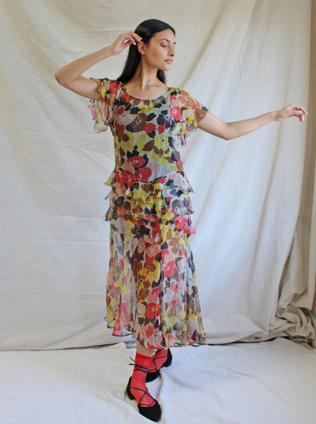 30s Ruffled Silk Chiffon Dress