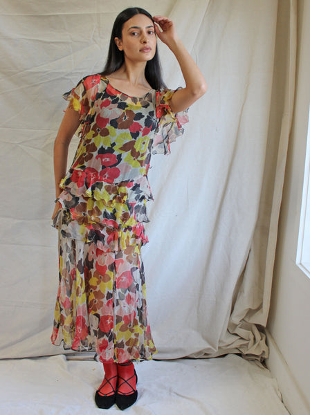 30s Ruffled Silk Chiffon Dress