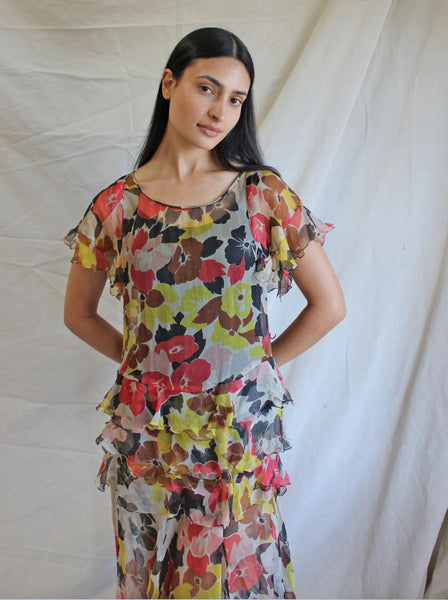 30s Ruffled Silk Chiffon Dress