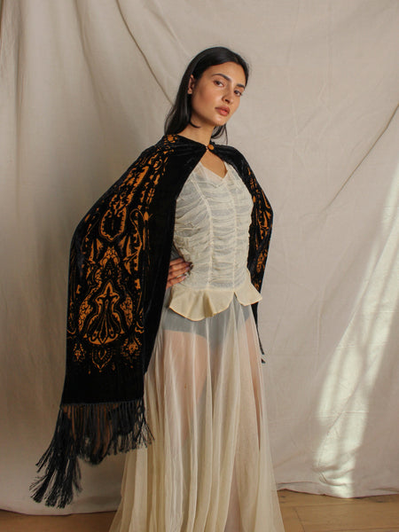 20s Silk Velvet Devoré Fringe Cloak