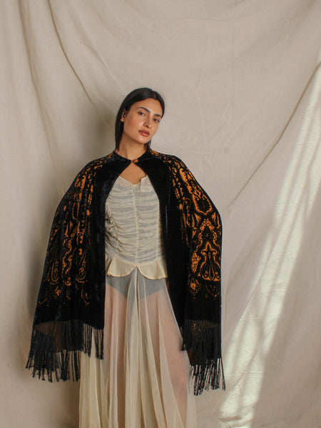 20s Silk Velvet Devoré Fringe Cloak