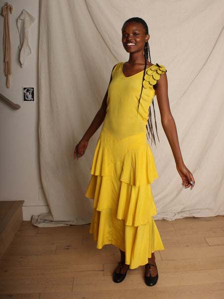 30s Yellow Silk Crepe Tiered Dress