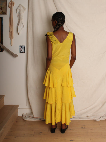 30s Yellow Silk Crepe Tiered Dress