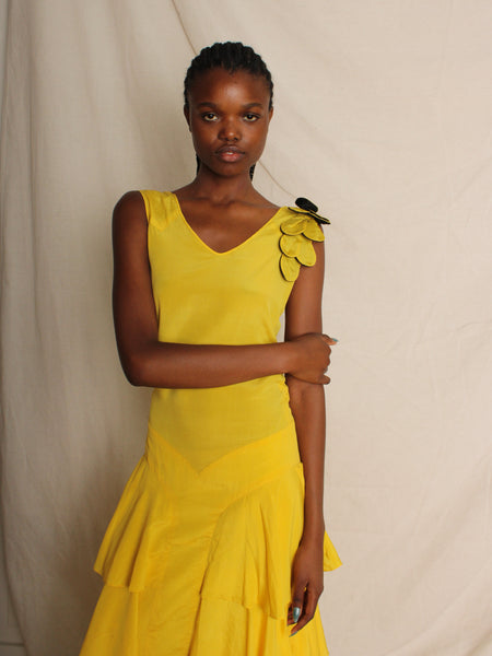 30s Yellow Silk Crepe Tiered Dress