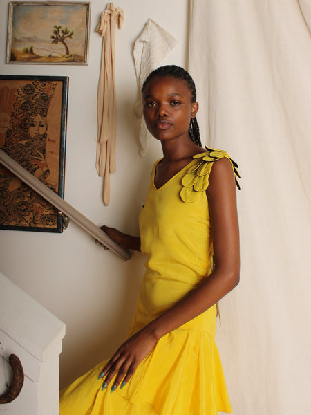 30s Yellow Silk Crepe Tiered Dress