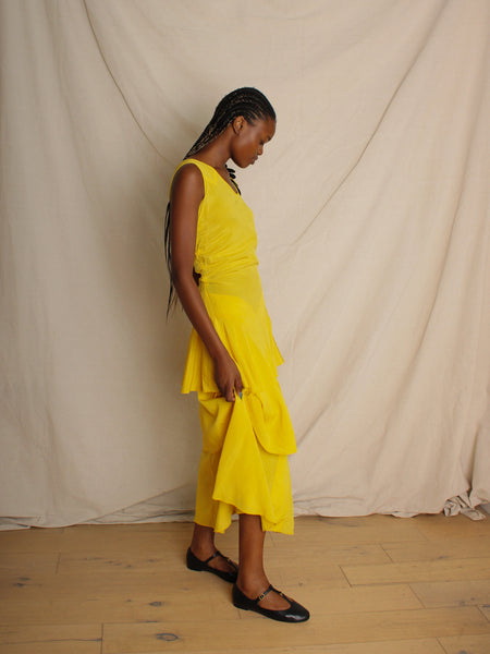 30s Yellow Silk Crepe Tiered Dress